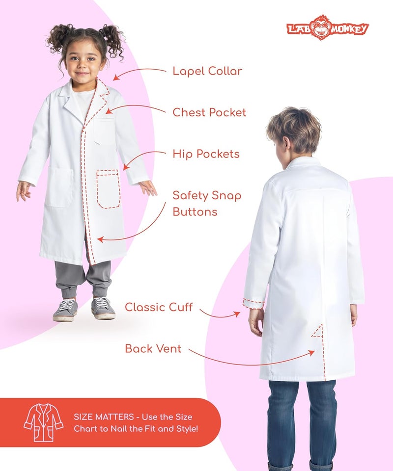 Lab Monkey Lab Coat for Kids, Durable Fabric, Multiple Pockets, Safety Snap Closing, Size Range Age 6-14 Years - Image 2